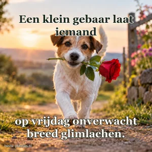 Een kleine hond loopt met een rode roos door de tuin.