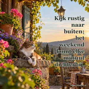 Een kat kijkt vanaf een tuinmuur over een landelijk landschap.