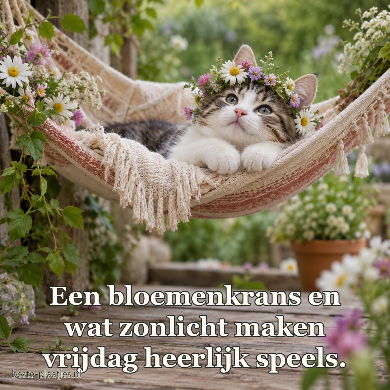 Een kat met kleine bloemenkroon rust in een hangmat in de tuin.