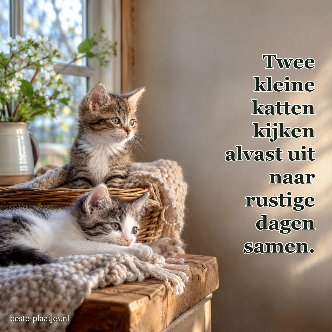 Twee jonge katten liggen samen op een deken bij het raam.