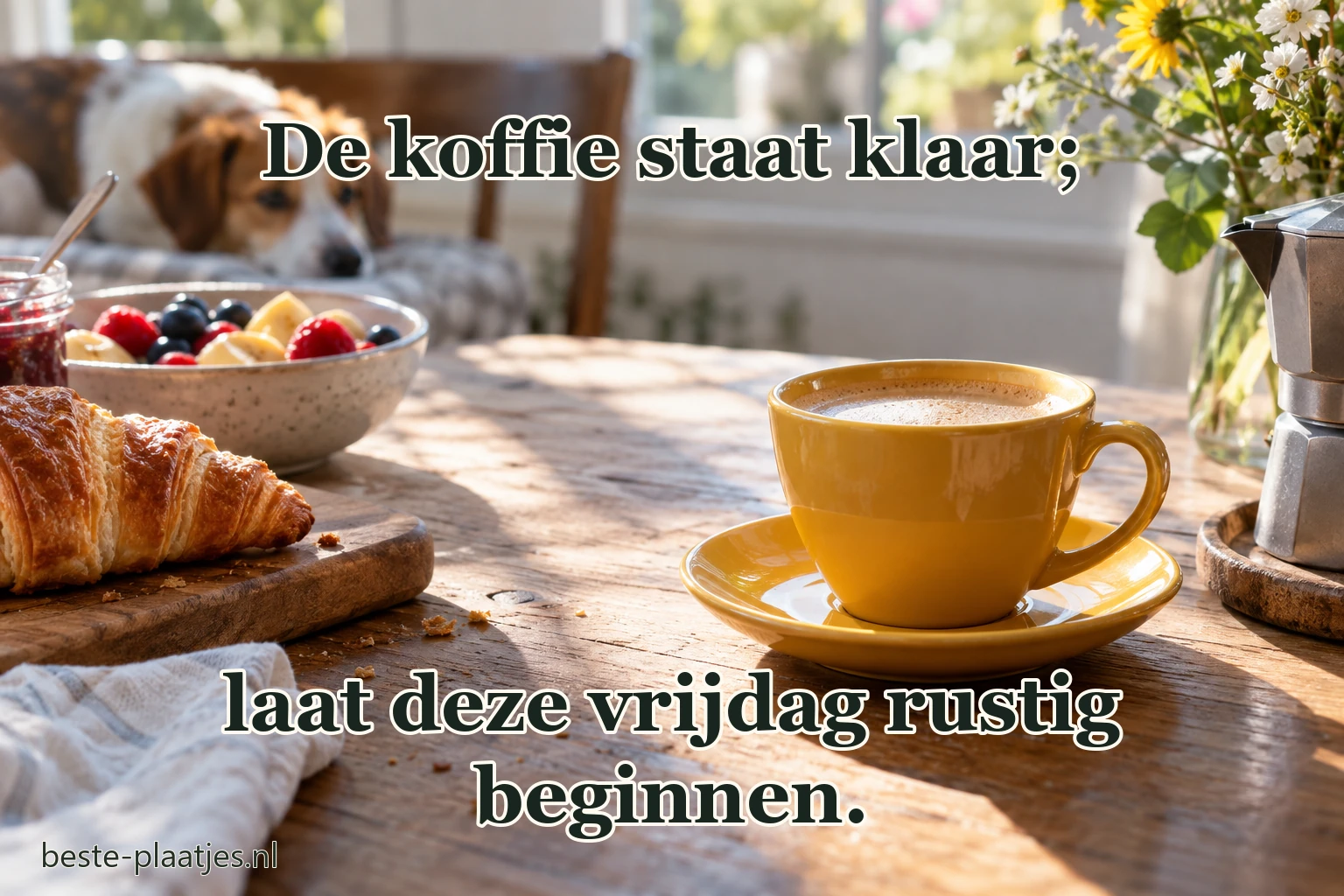 Een gele koffiekop staat naast ontbijt op een lichte tafel.