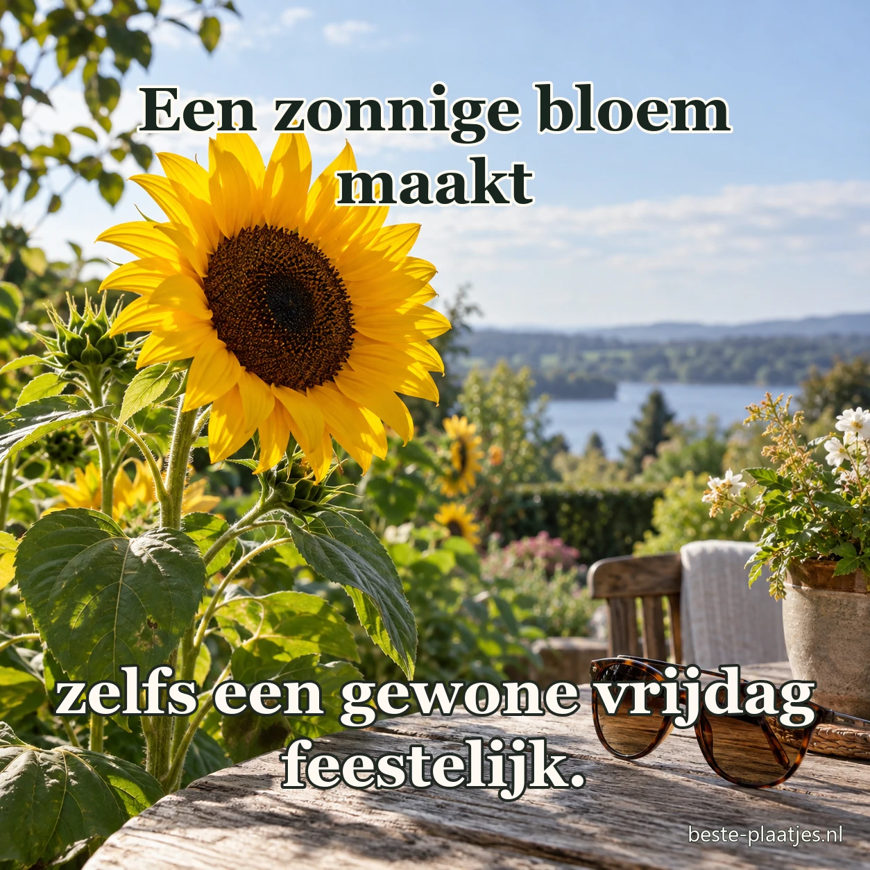 Een zonnebloem groeit naast een tuintafel met een zonnebril.