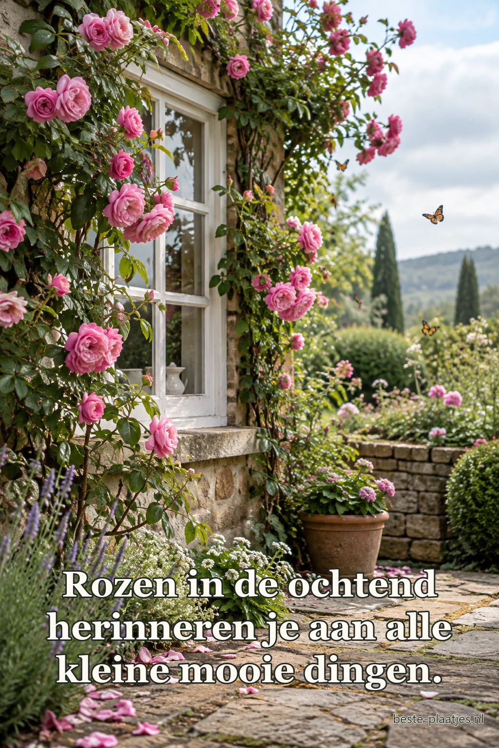 Roze rozen groeien rond een oud tuinraam.