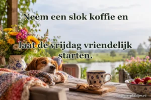 Een kop warme koffie staat naast een rustende hond op de veranda.