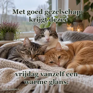 Drie katten zitten naast elkaar en kijken naar de ochtend.