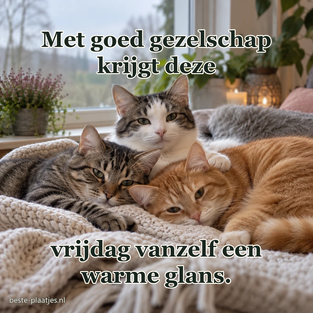 Drie katten zitten naast elkaar en kijken naar de ochtend.