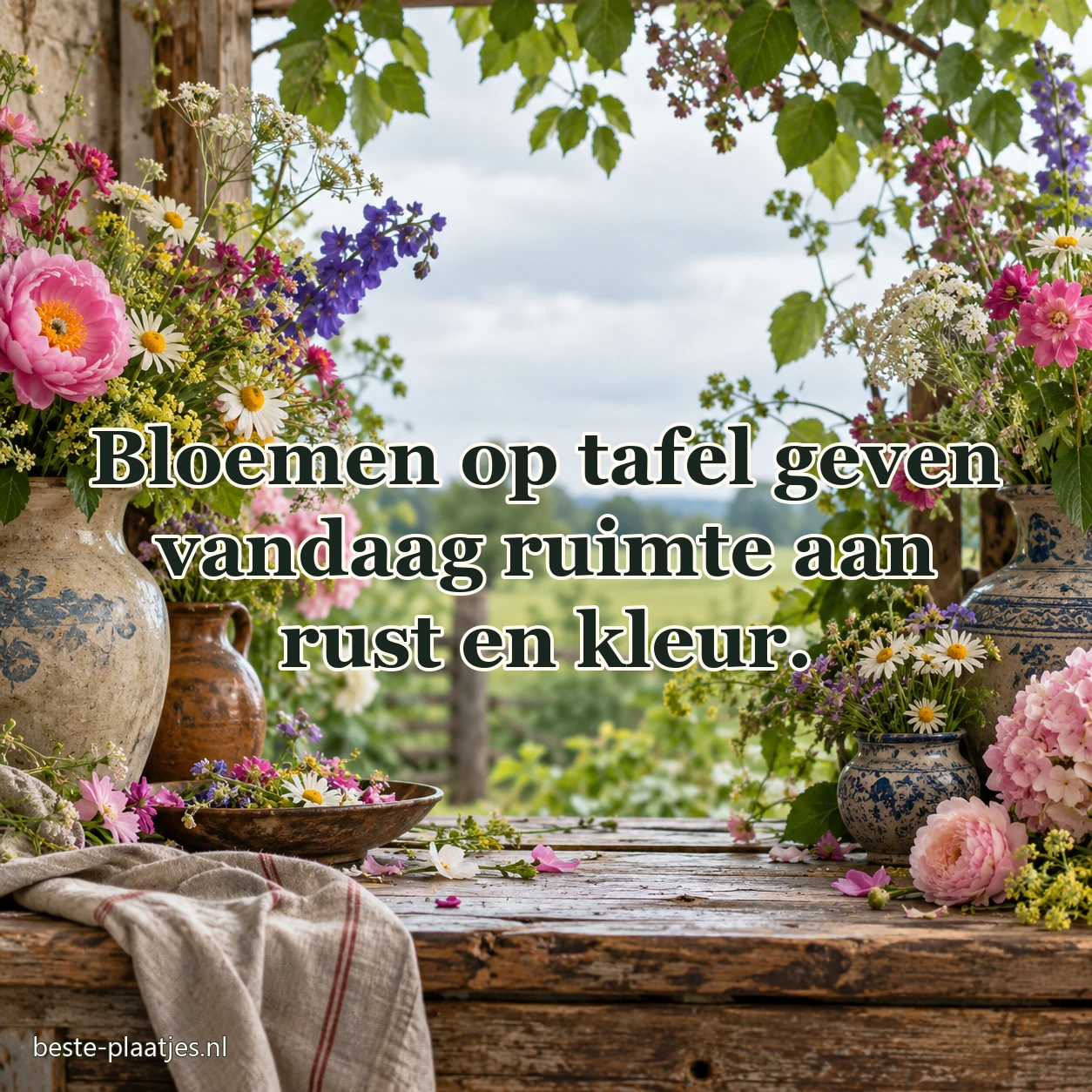 Een veldboeket staat in eenvoudige keramische potten op een tafel.