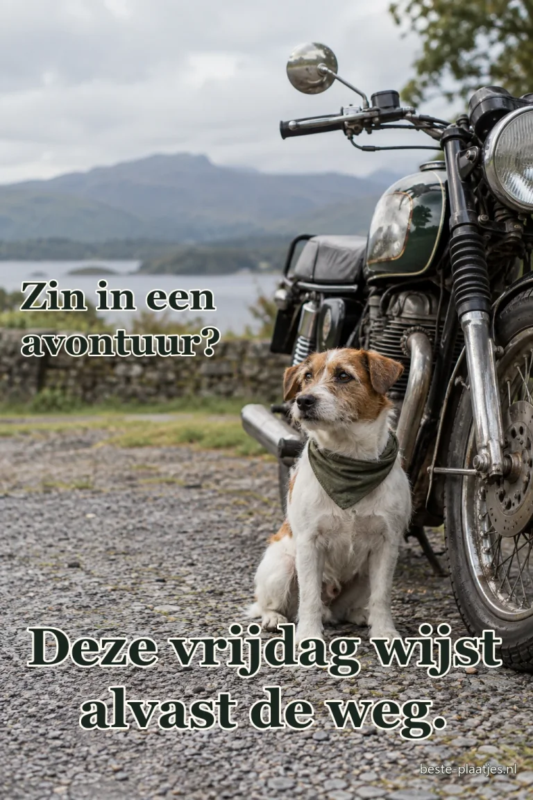 Een kleine hond zit naast een geparkeerde motorfiets.
