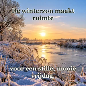 Winterzon schijnt boven een rivier en rijp op de takken.