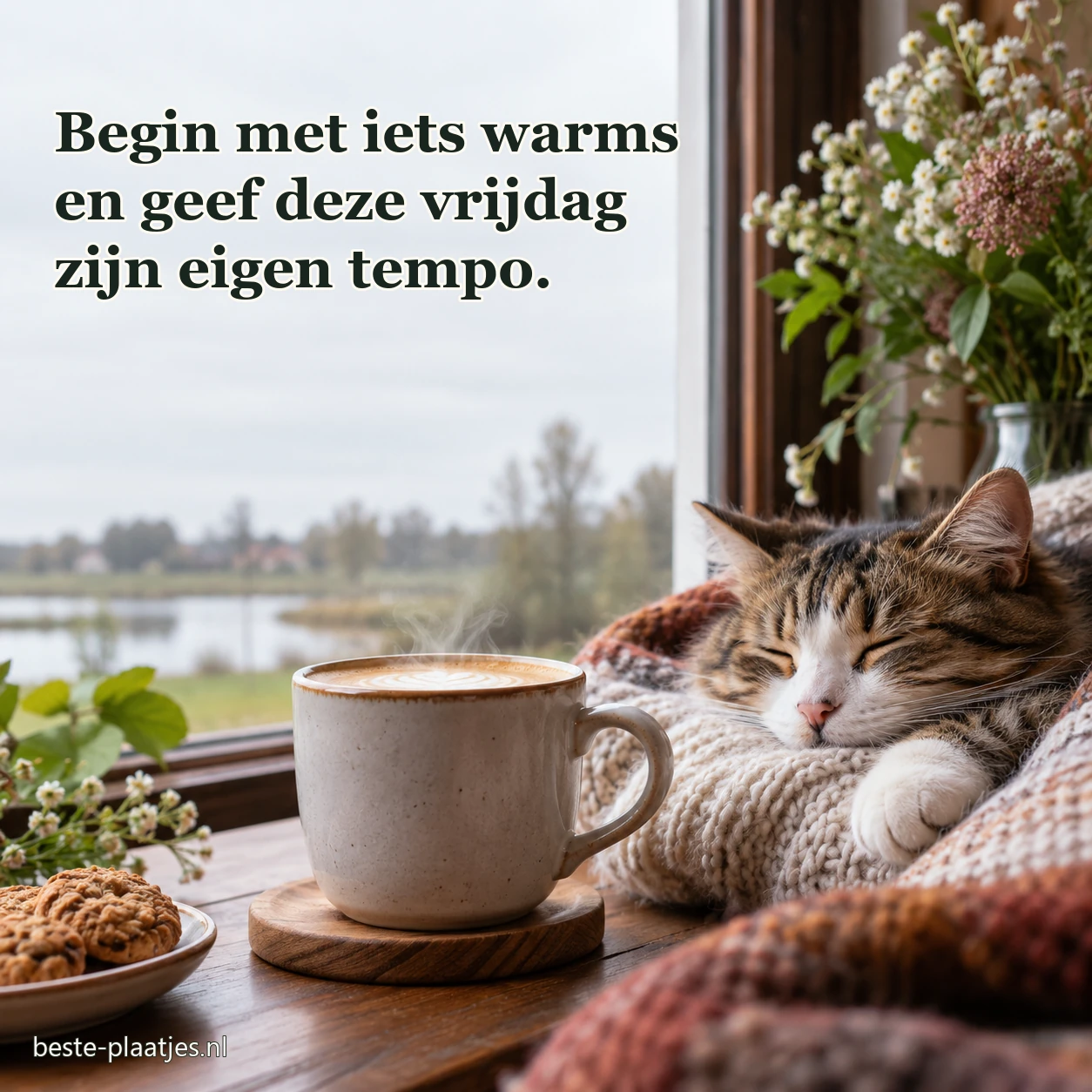 Een dampende kop koffie staat in zacht ochtendlicht.