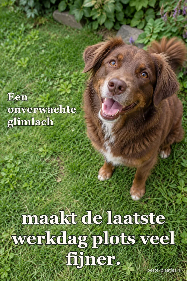 Een bruine hond kijkt lachend omhoog in een groene tuin.