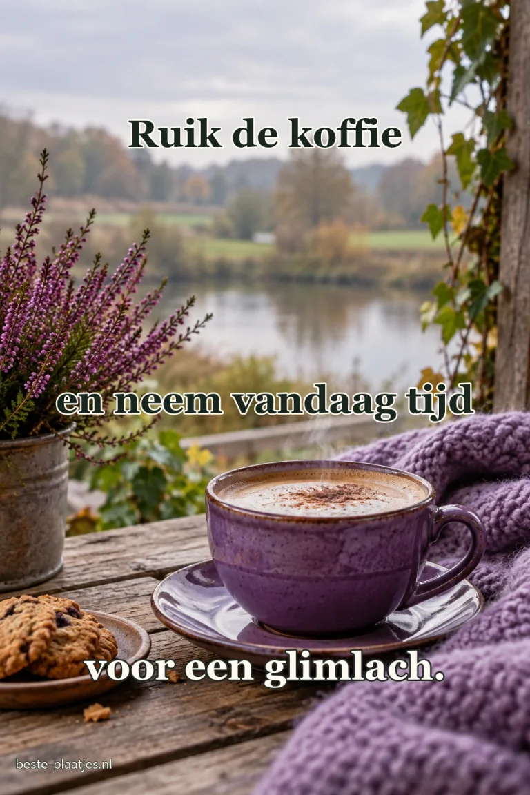 Een paarse koffiekop staat op tafel tegen een donkere achtergrond.