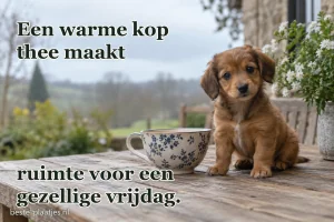 Een kleine pup zit naast een grote kop thee op tafel.