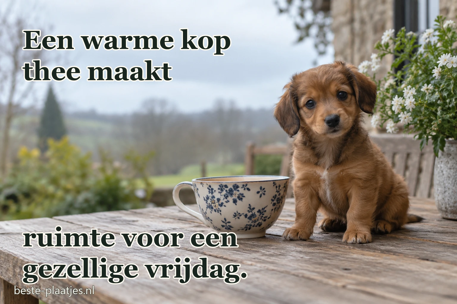 Een kleine pup zit naast een grote kop thee op tafel.