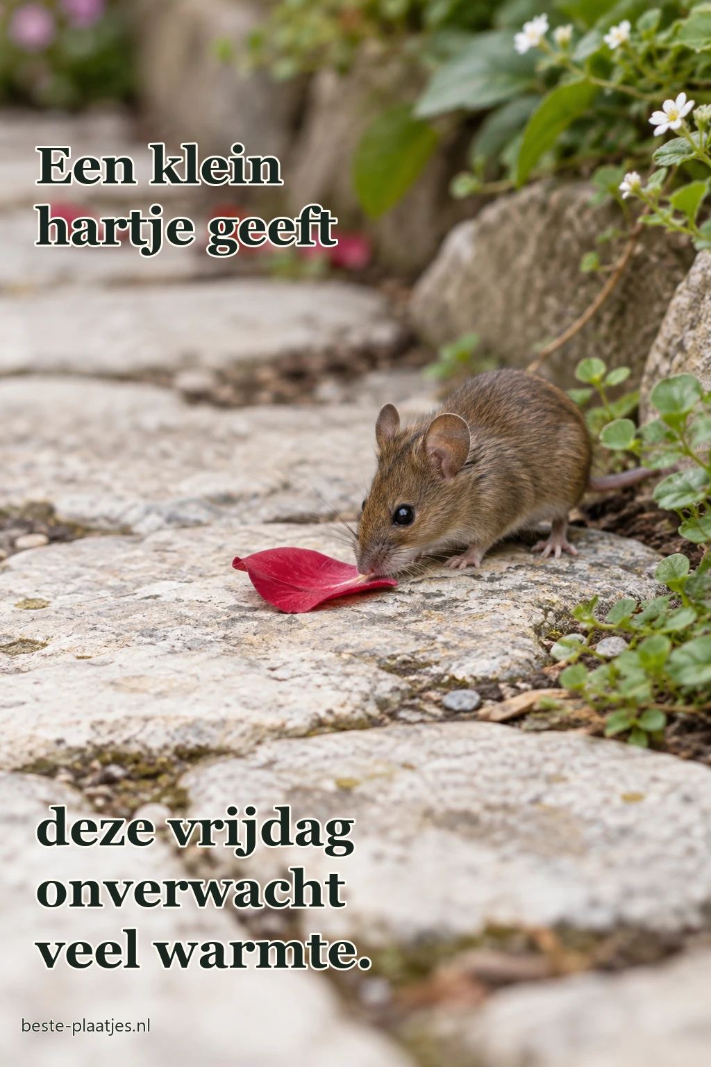 Een veldmuis onderzoekt een rood bloemblaadje op een tuinpad.