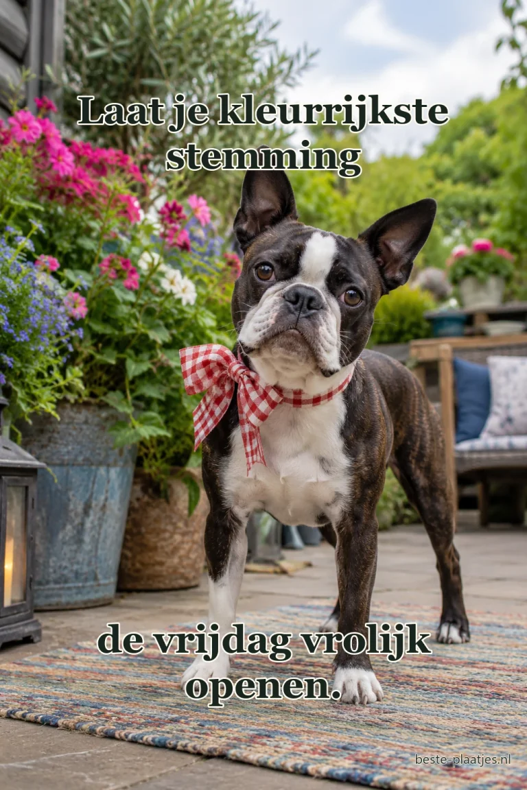 Een hond met feestelijk lint zit op een kleurrijk terras.