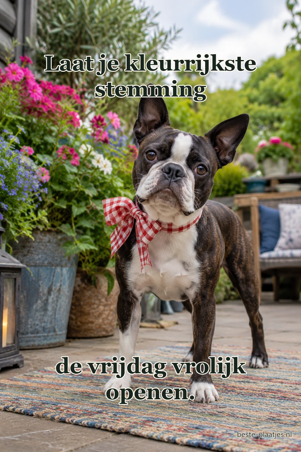Een hond met feestelijk lint zit op een kleurrijk terras.