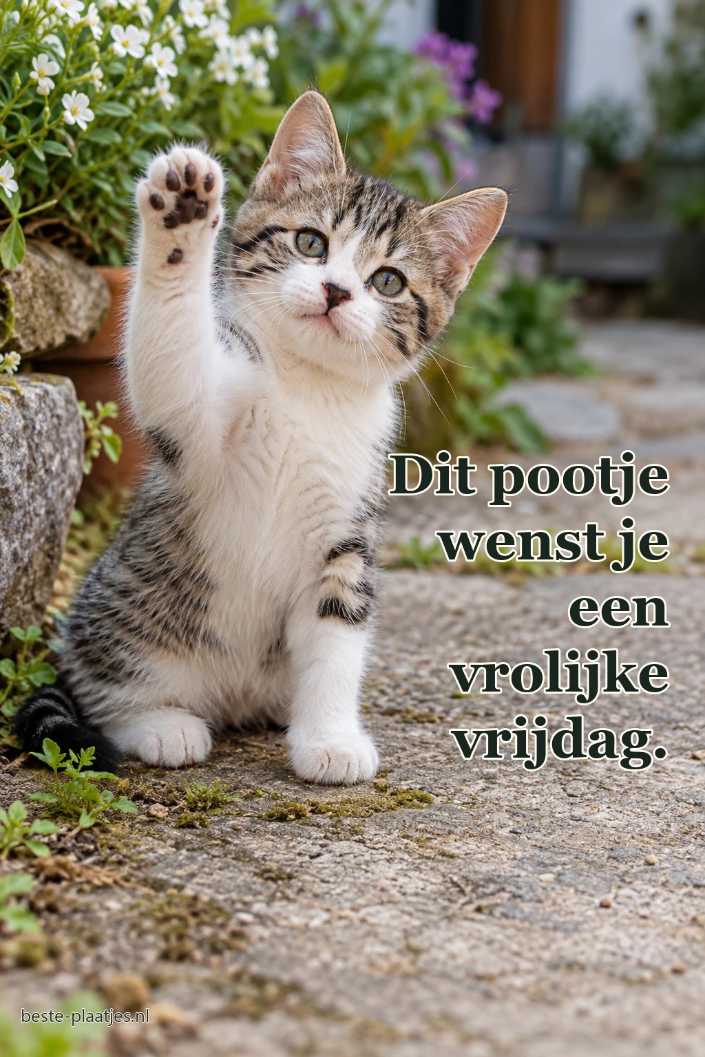 Een kitten heft zijn poot op in een groene tuin.