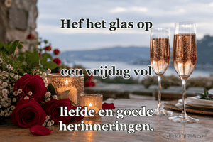 Twee glazen mousserende wijn staan bij rozen en kaarsen.