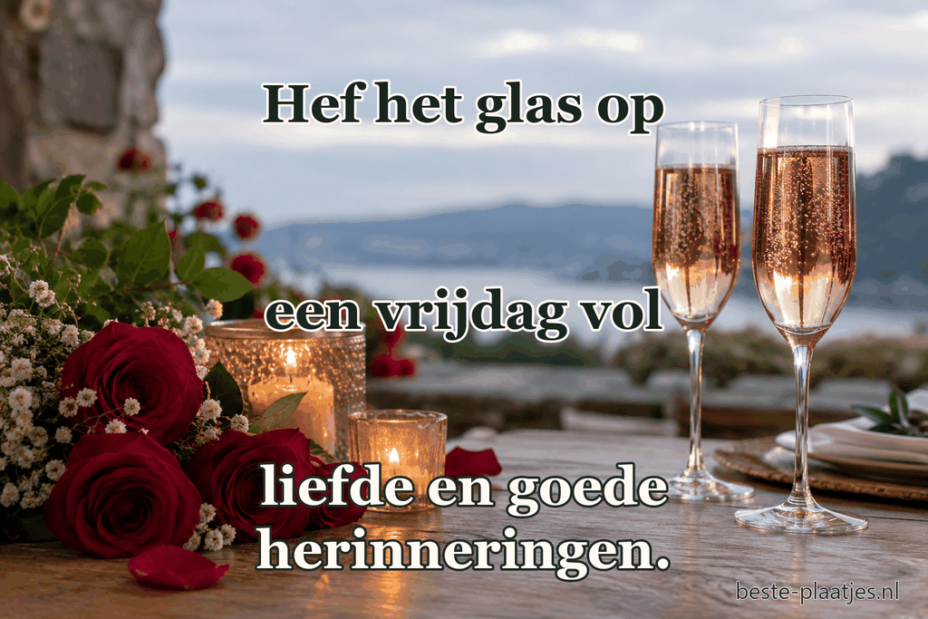 Twee glazen mousserende wijn staan bij rozen en kaarsen.