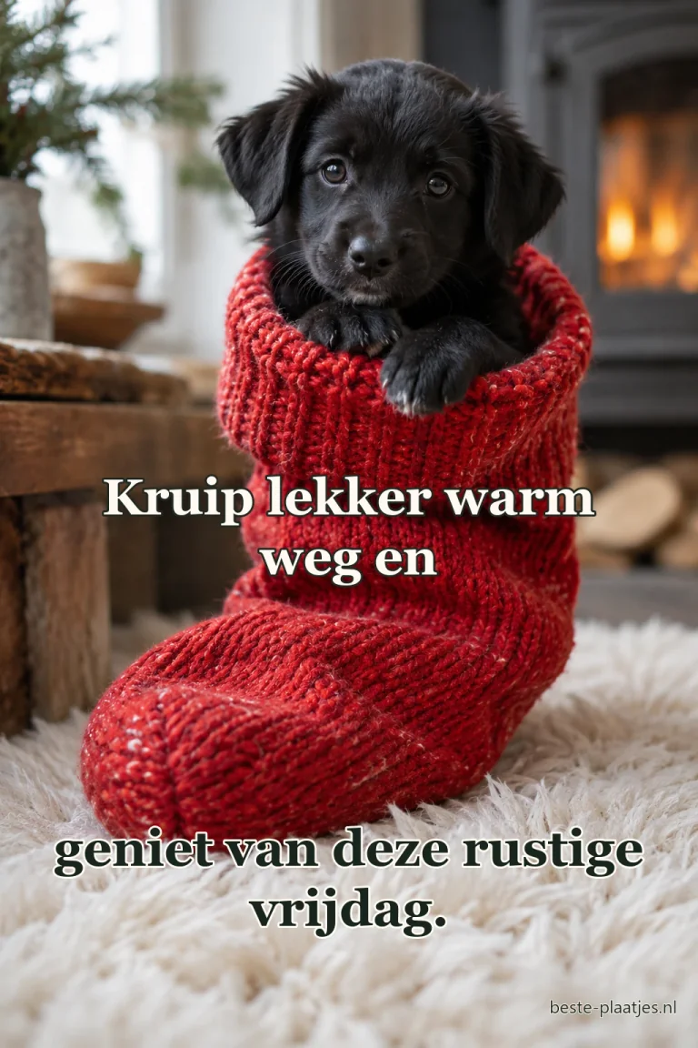 Een zwarte pup rust warm tussen een rode wollen deken.