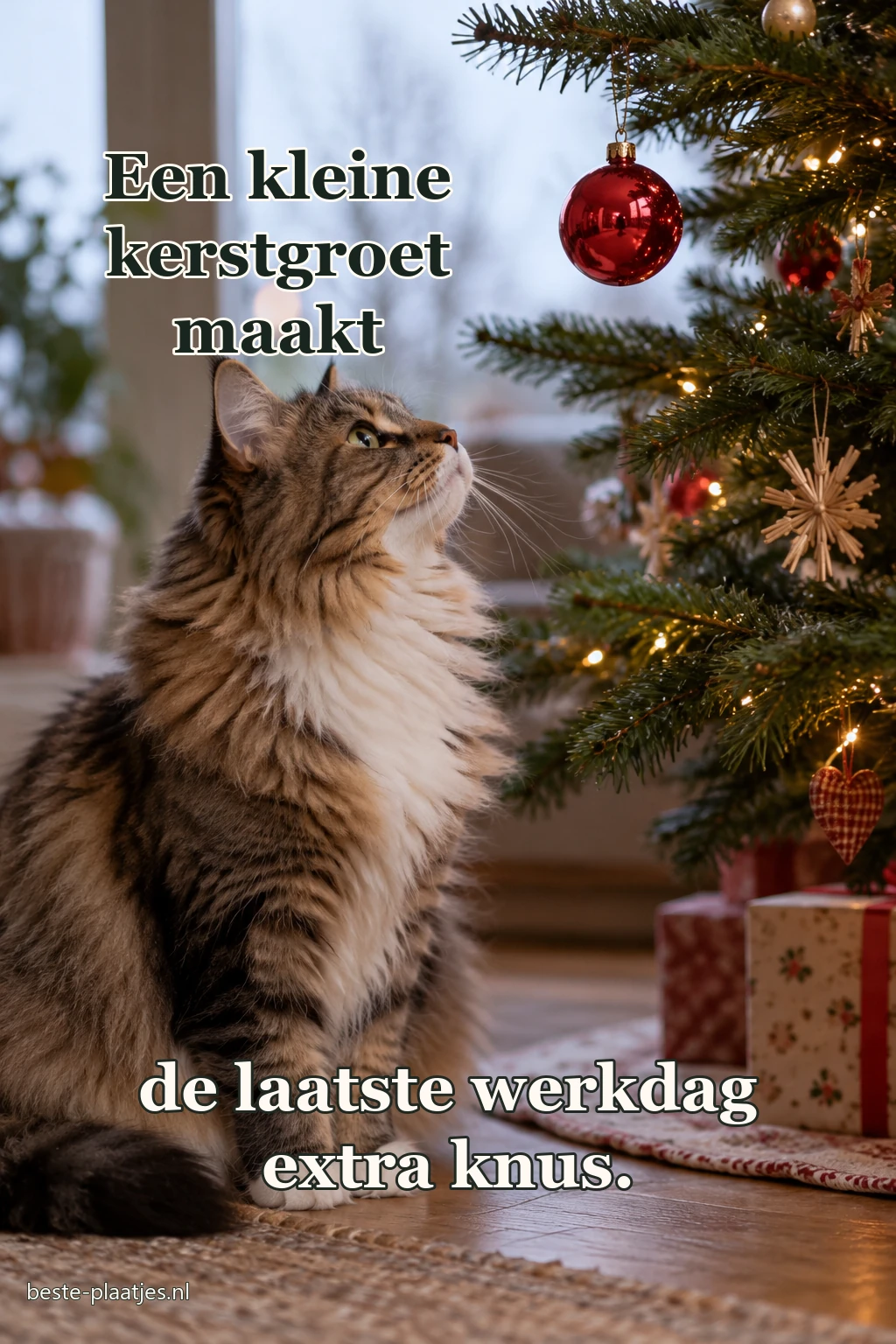 Een langharige kat kijkt naar een rode kerstbal onder de boom.
