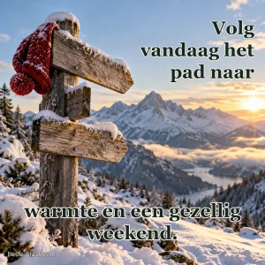 Een houten wegwijzer met wintermuts staat in een sneeuwlandschap.