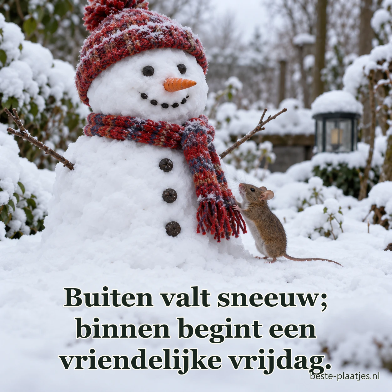 Een sneeuwpop staat met een kleine muis in een wintertuin.