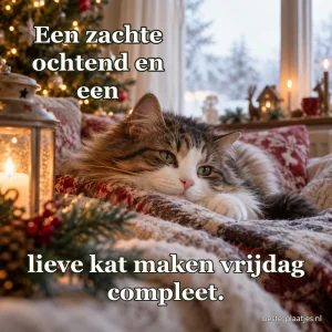 Een kat rust zacht onder een kerstdeken in het ochtendlicht.