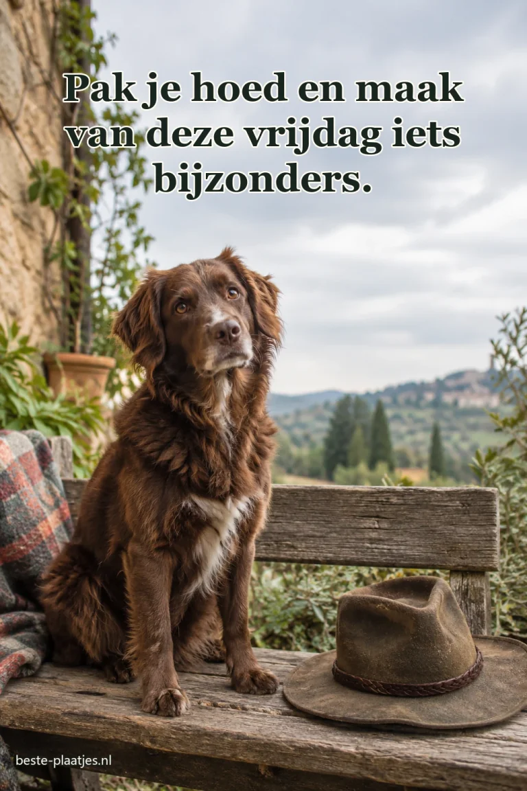Een bruine hond zit naast een oude hoed op een bank.