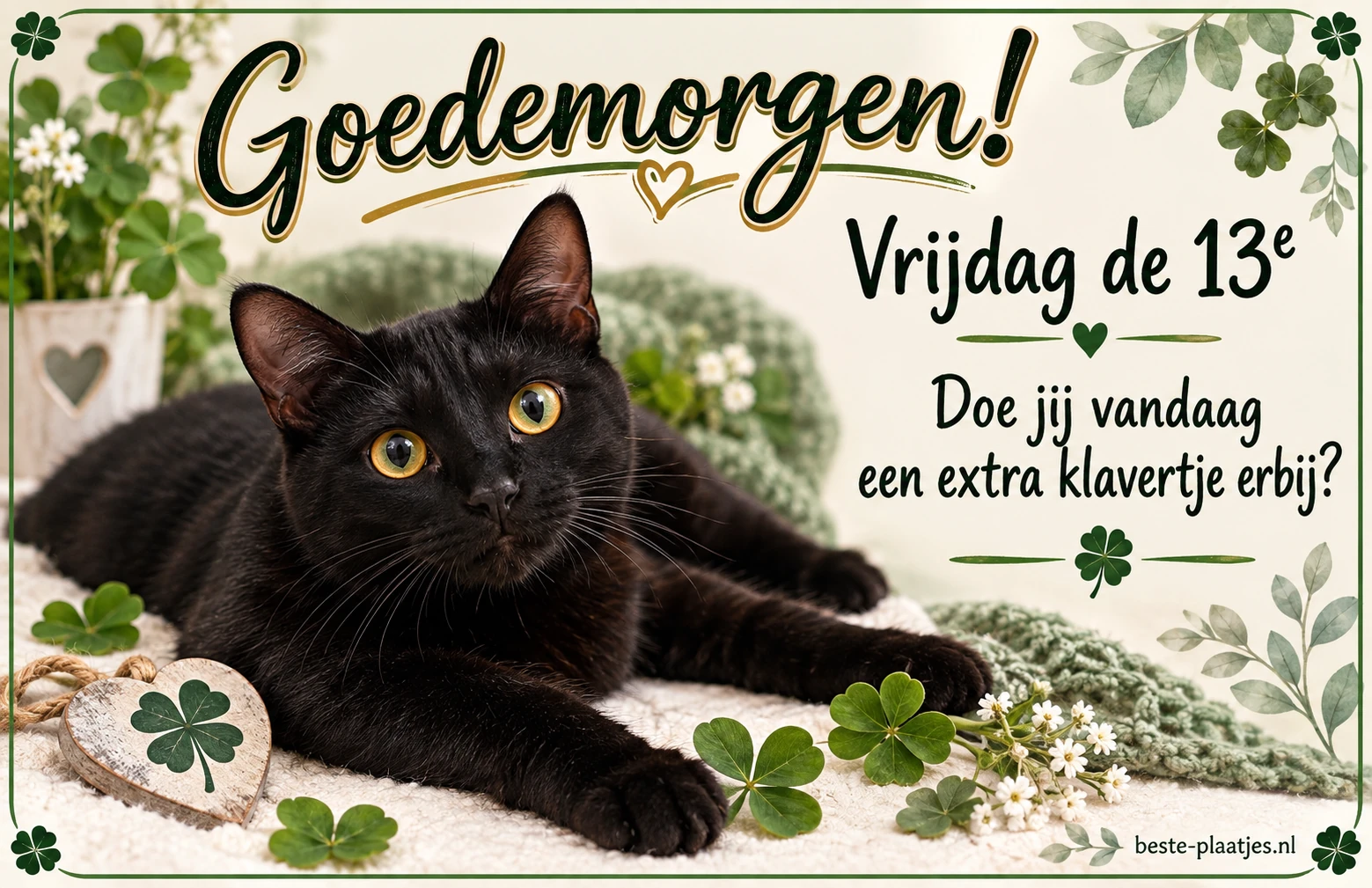 Een ontspannen zwarte kat kijkt nieuwsgierig naast een speelse goedemorgenvraag.