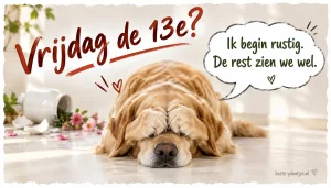 Een slapende hond met zijn poten bij zijn ogen geeft vrijdag de 13e een rustige, grappige draai.