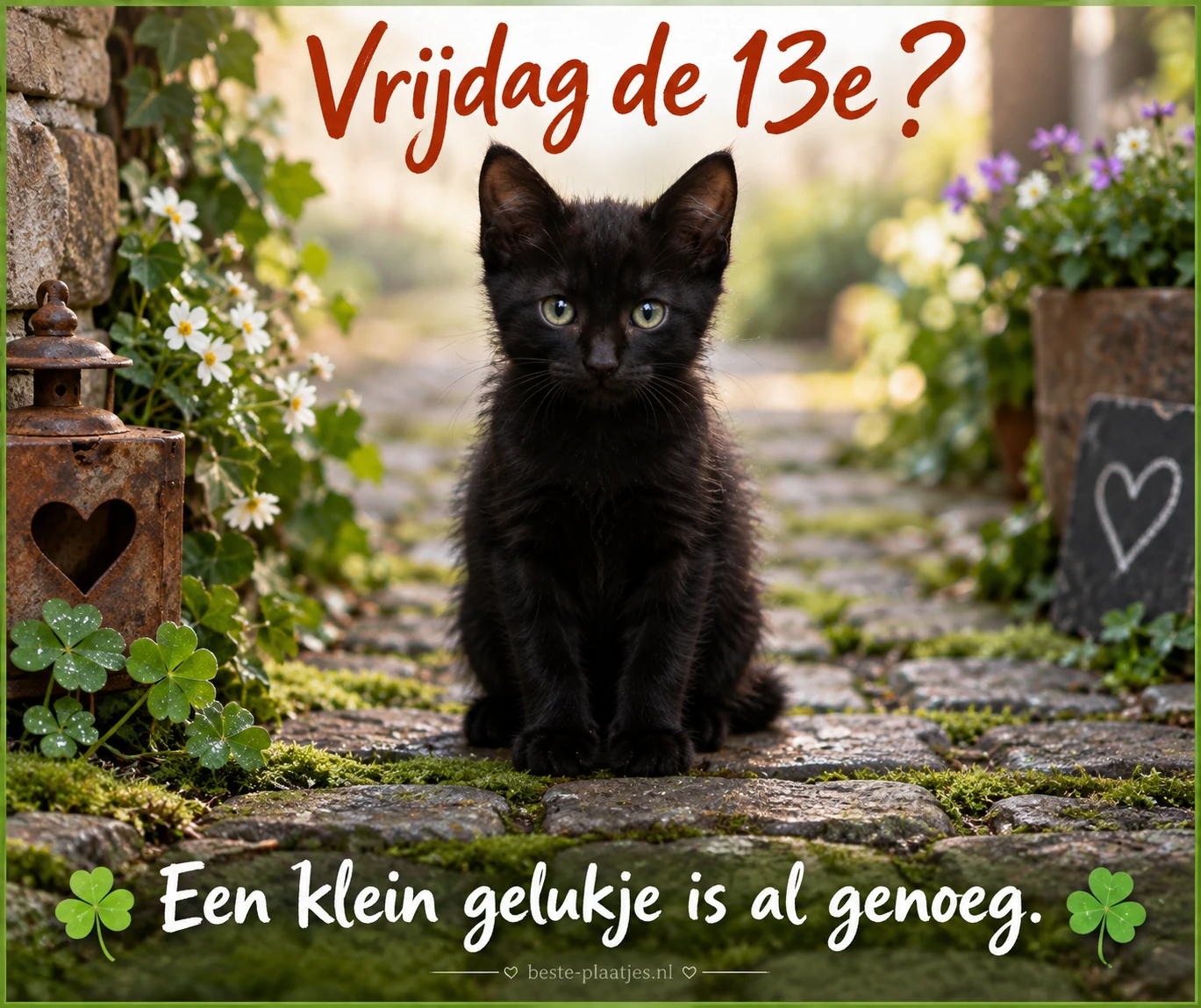 Een zwart kitten op bemoste stenen verbeeldt een klein gelukje op vrijdag de 13e.