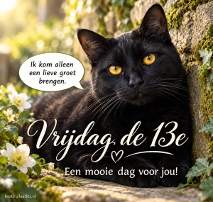 Een zwarte kat bij een stenen muur brengt een lieve groet zonder bijgelovige zorgen.