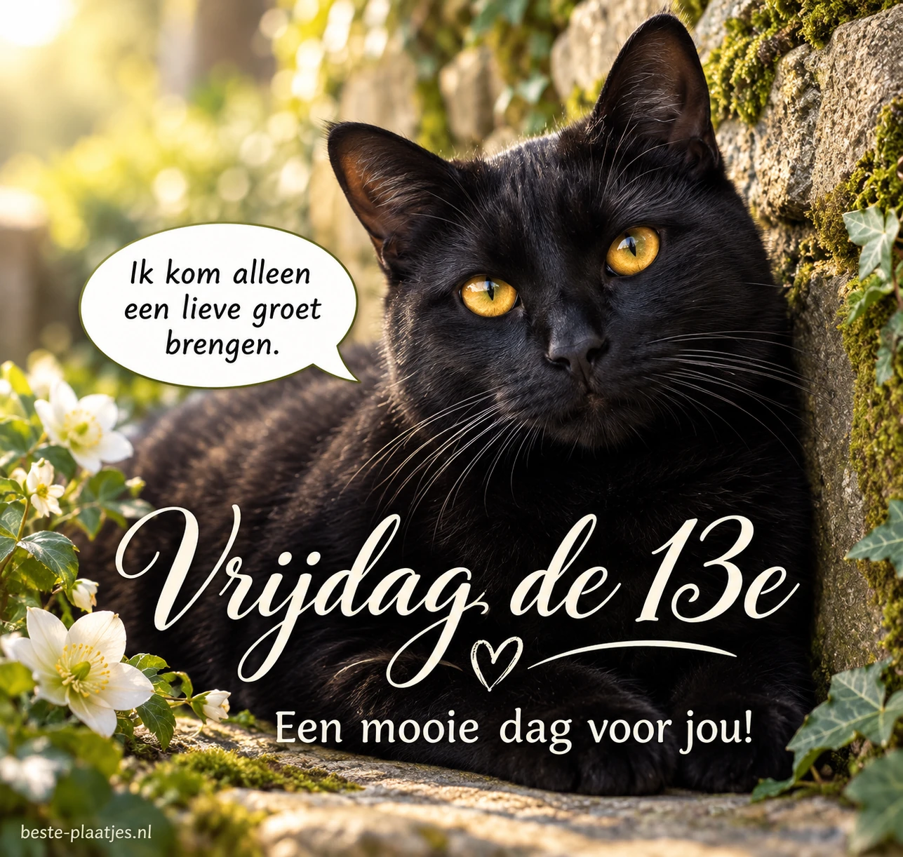 Een zwarte kat bij een stenen muur brengt een lieve groet zonder bijgelovige zorgen.