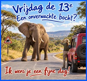 Een olifant bij een stilstaande rode auto geeft een onverwachte wending aan een vrijdaggroet.