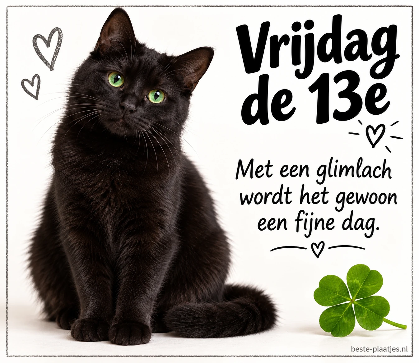 Een zwarte kat naast een groene klaver geeft vrijdag de 13e een vriendelijke toon.