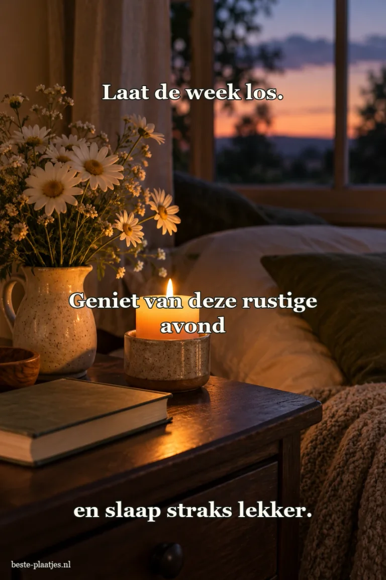 Een brandende kaars staat bij margrieten en een boek.