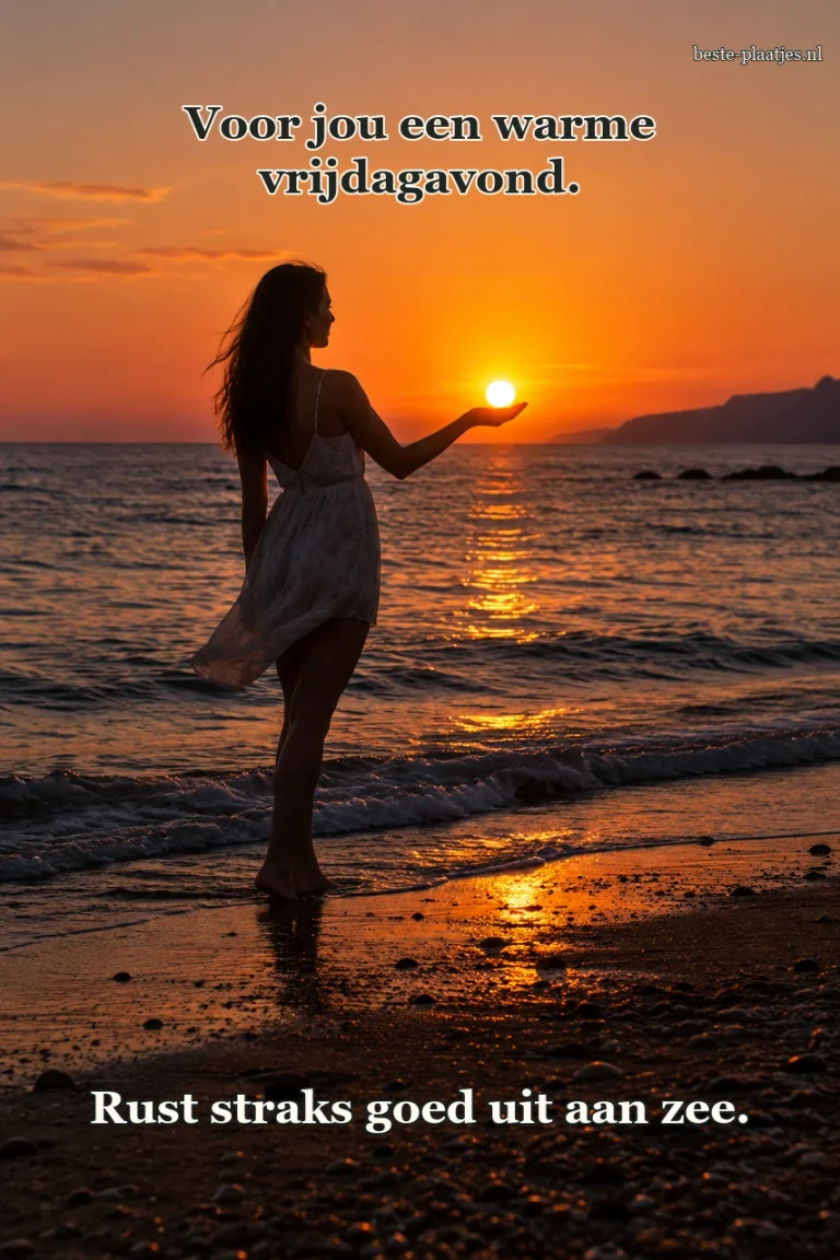 Een vrouw staat als silhouet aan zee bij de ondergaande zon.