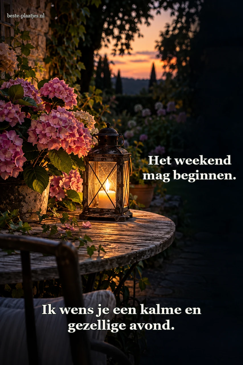 Roze hortensia's liggen naast een brandende lantaarn op een tuintafel.