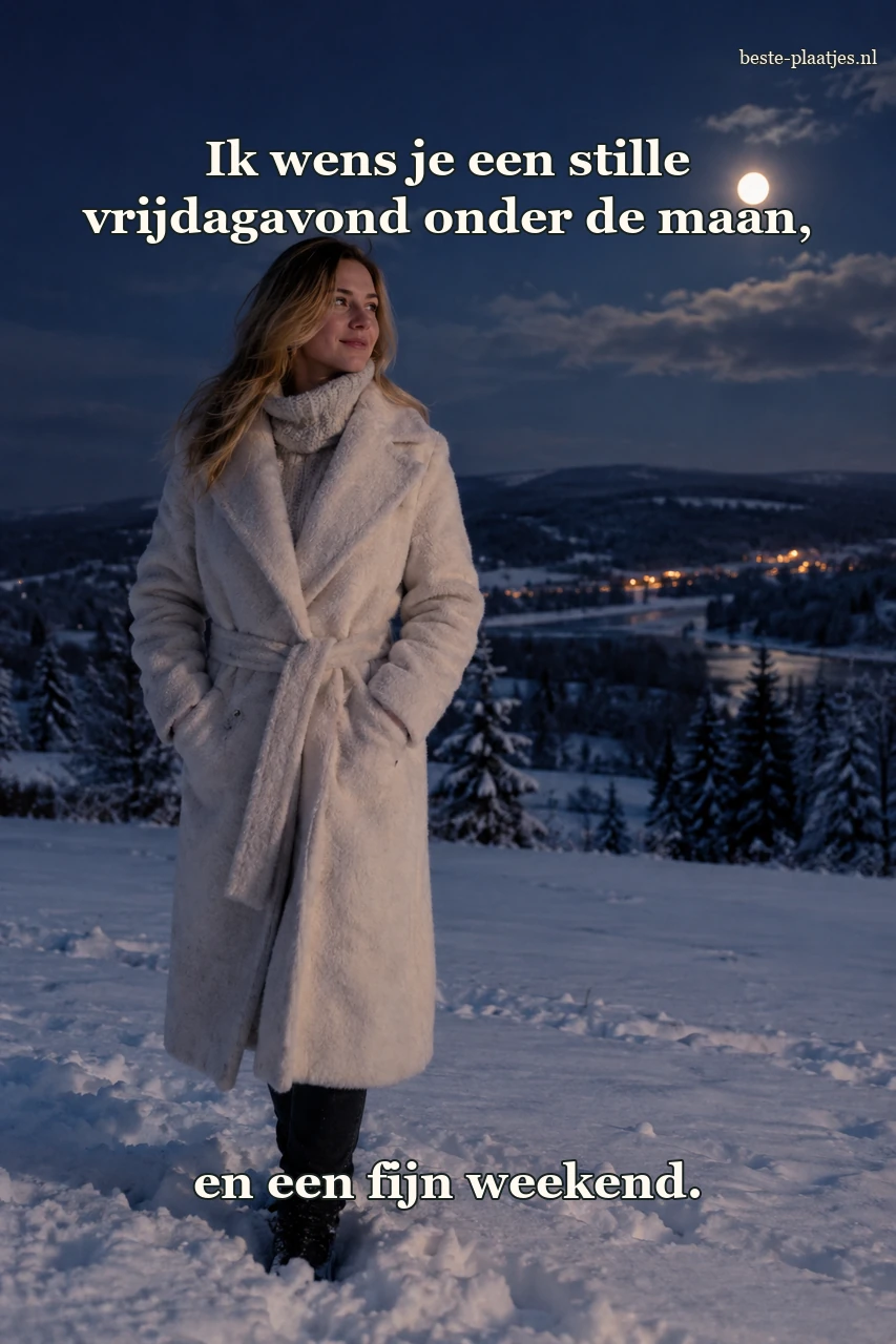 Een vrouw in een witte jas staat in een besneeuwd veld onder de maan.