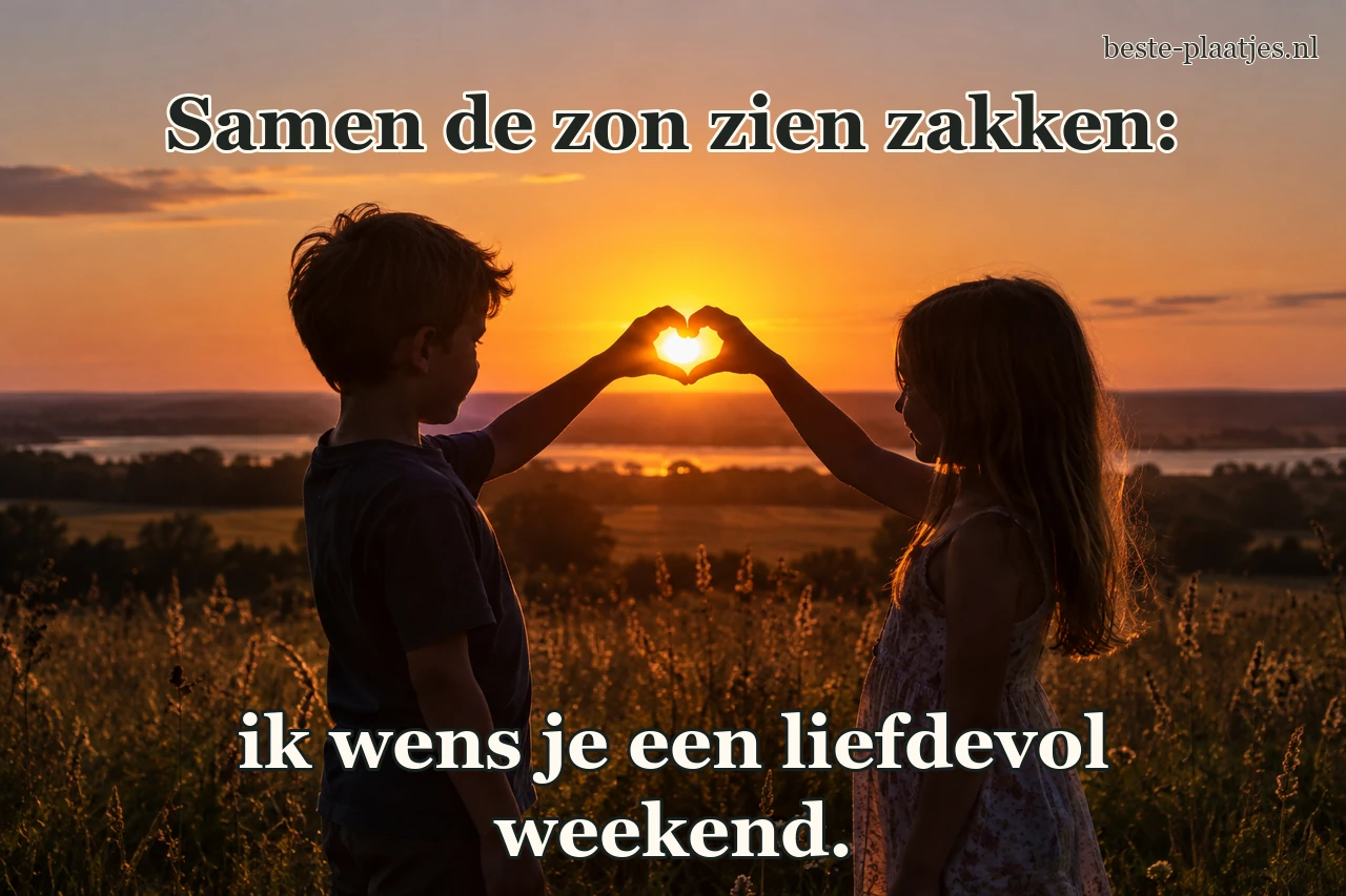 Twee kinderen maken met hun handen een hart tegen de avondzon.