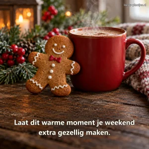 Een handgemaakt koekfiguurtje staat naast een dampende rode mok op een houten tafel.