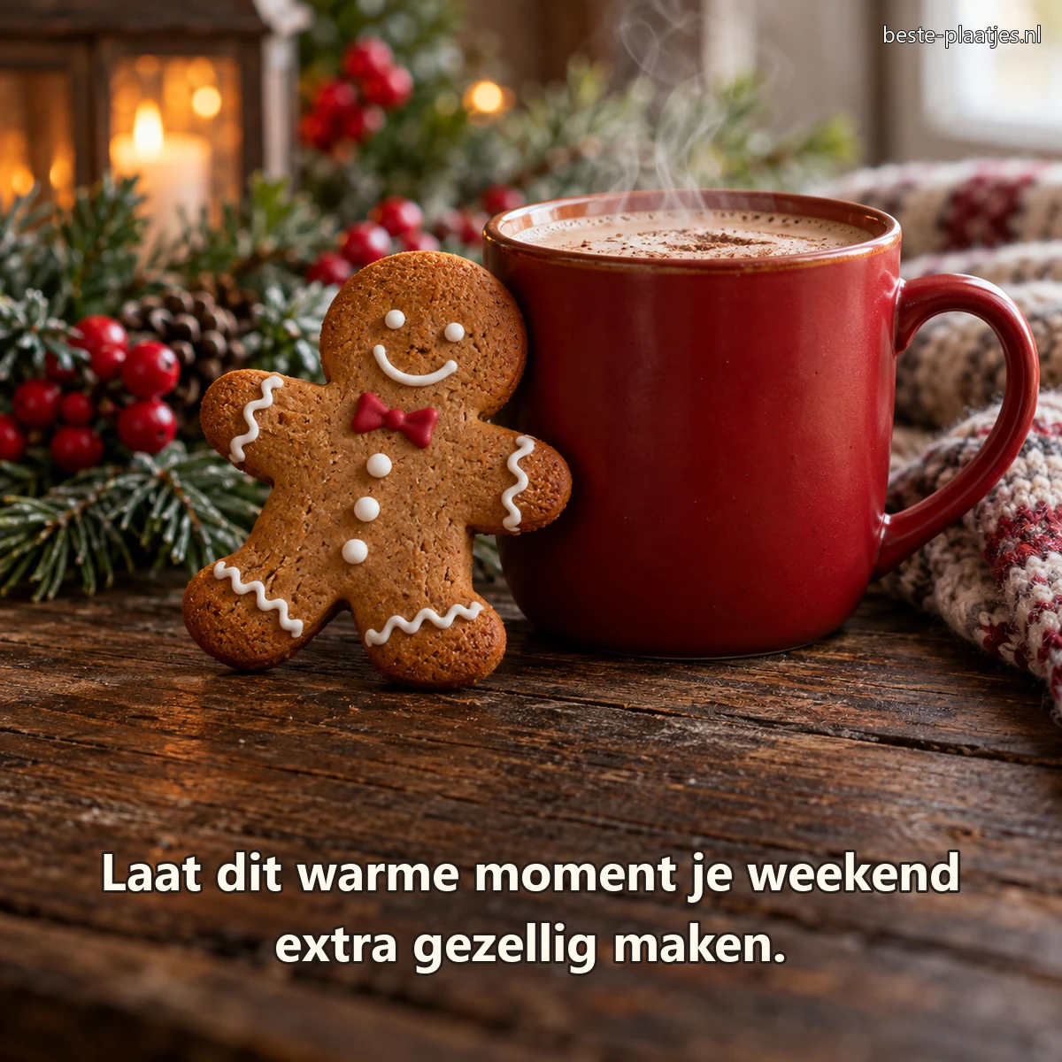 Een handgemaakt koekfiguurtje staat naast een dampende rode mok op een houten tafel. Een handgemaakt koekfiguurtje staat naast een dampende rode mok op een houten tafel.