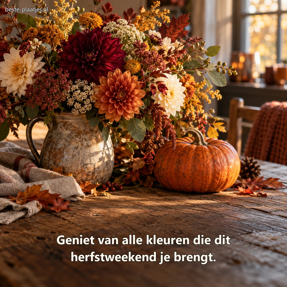 Een kleine pompoen en warme herfstbloemen vormen een sfeervol tafelstuk. Een kleine pompoen en warme herfstbloemen vormen een sfeervol tafelstuk.