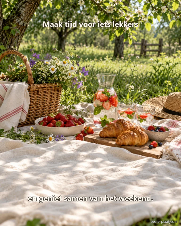 Aardbeien, croissants en fruitwater staan klaar voor een picknick in de boomgaard.