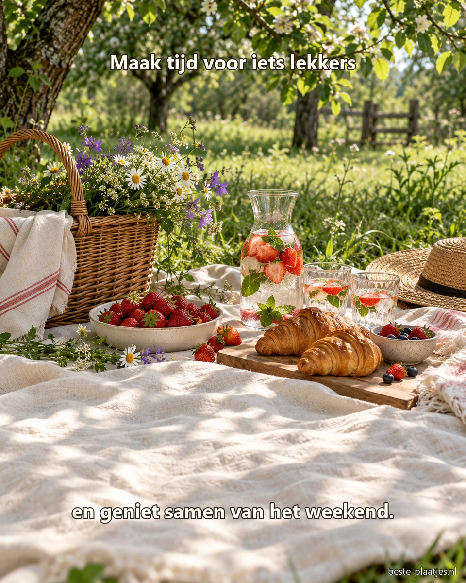 Aardbeien, croissants en fruitwater staan klaar voor een picknick in de boomgaard. Aardbeien, croissants en fruitwater staan klaar voor een picknick in de boomgaard.