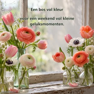 Verse ranonkels, tulpen en anemonen staan in glazen flesjes voor het raam.