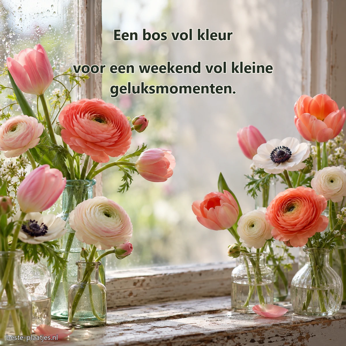 Verse ranonkels, tulpen en anemonen staan in glazen flesjes voor het raam.