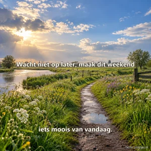 Een nat wandelpad slingert tussen voorjaarsbloemen onder een openbrekende lucht.